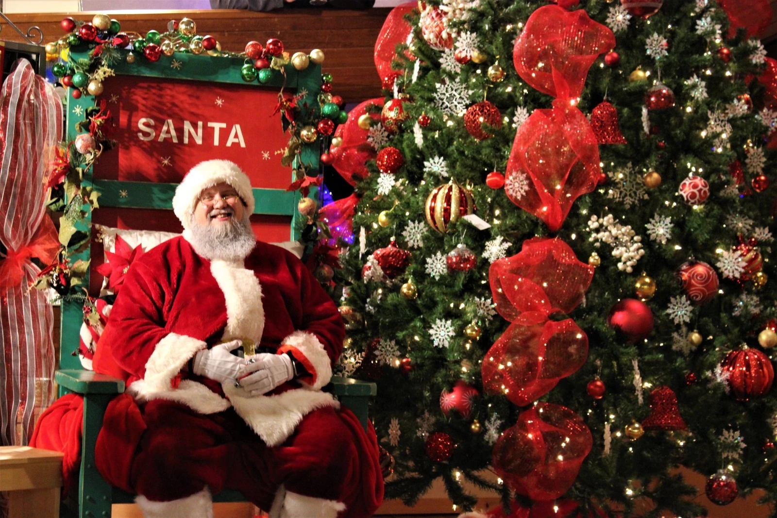 Santa Bryce smiling beside a decorated Christmas tree